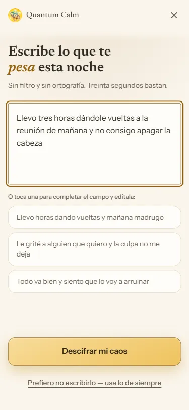 Pantalla para escribir el desahogo de la noche, con tres sugerencias para empezar